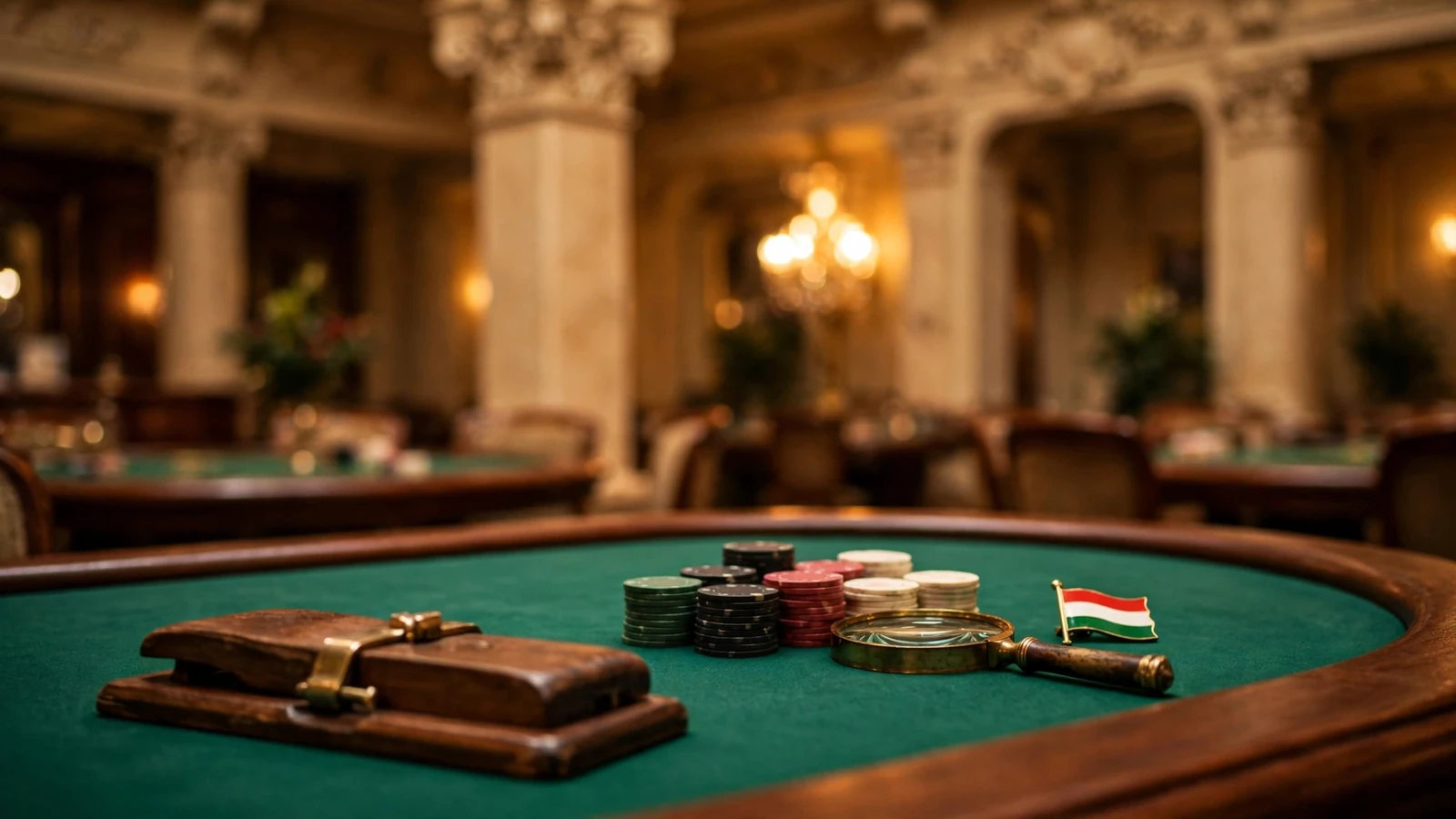 Elegáns baccarat asztal zsetonokkal, magyar kaszinó hangulatban