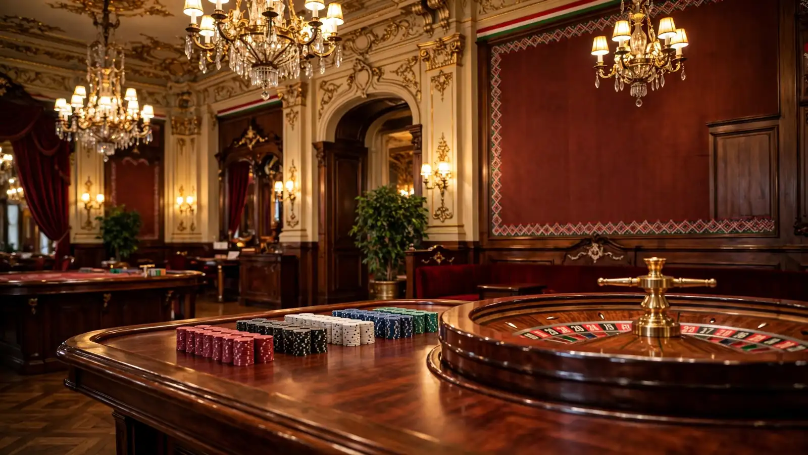 Elegáns budapesti kaszinó belső terme rulettkerékkel és zsetonokkal