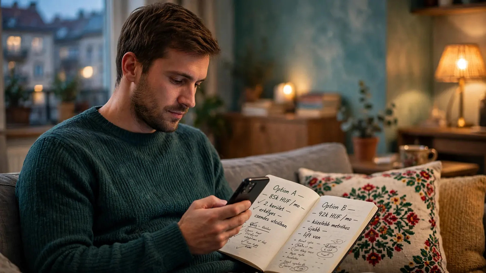 Magyar fiatalember telefonon és noteszen hasonlít össze kaszinóoldalakat otthonában.