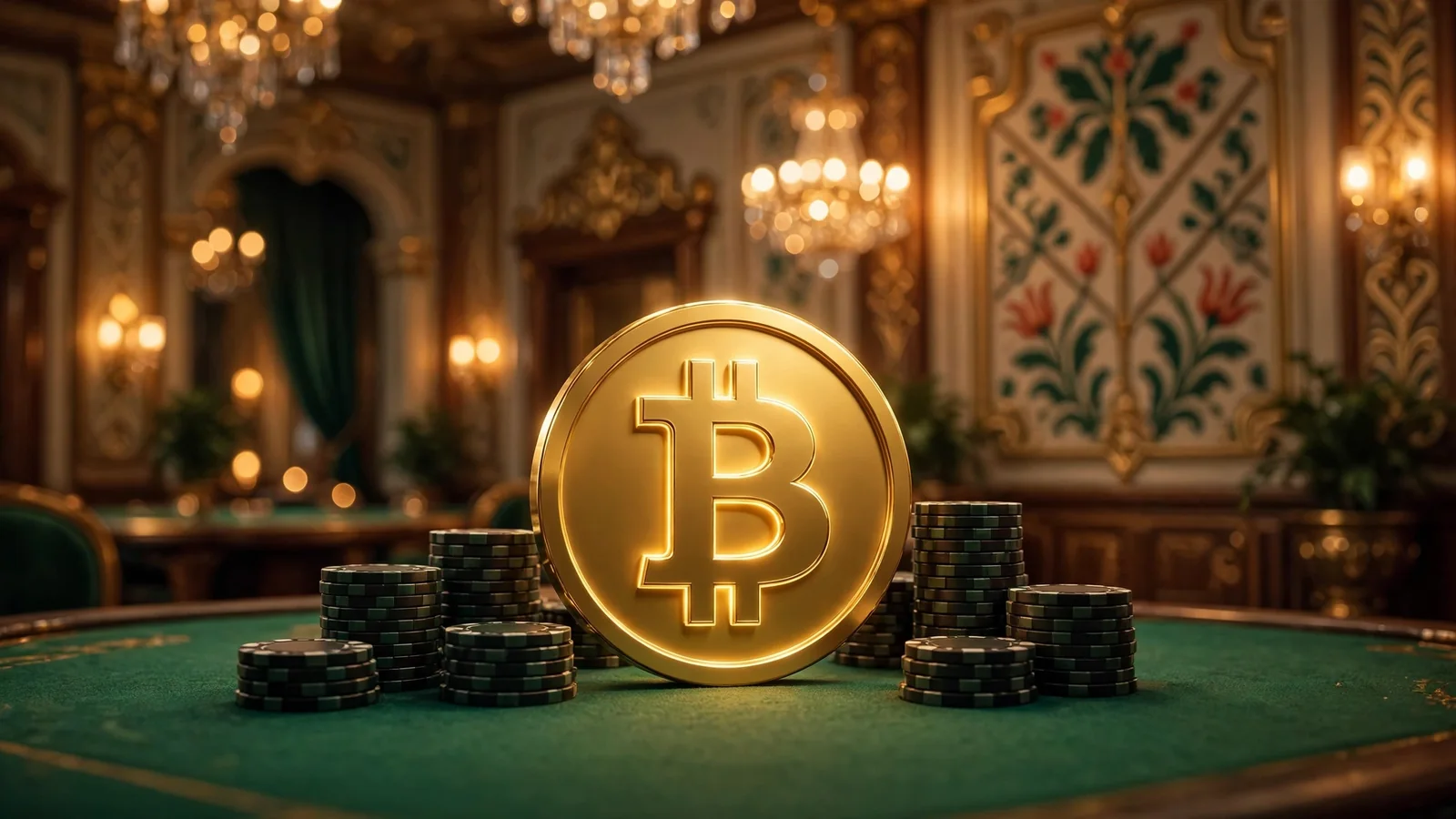 Arany Bitcoin érme zsettekkel egy elegáns kaszinóasztalon, budapesti hangulatban
