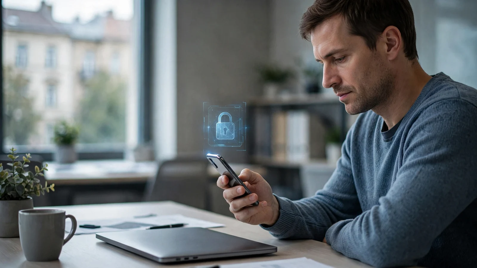 Adatvédelem: személy telefonon és zárt laptop asztalon