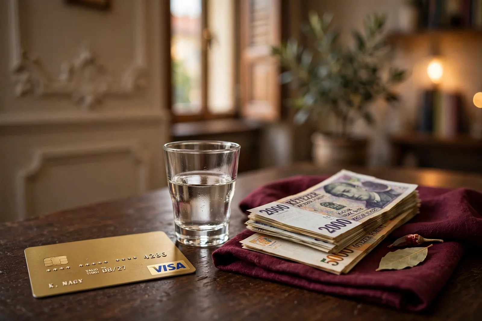 Visa bankkártya magyar forintokkal és pálinkás pohárral egy elegáns budapesti lakásban